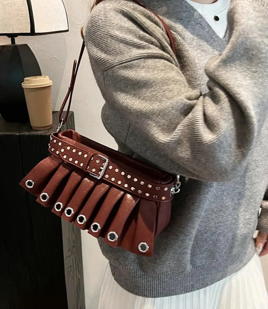 Trendy Studded Shoulder Bags for Women Vegan Leather Small Crossbody Tote Purse Y2K Pleated Handbag Satchels
