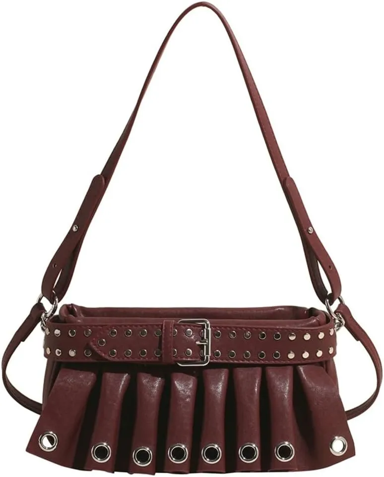 Trendy Studded Shoulder Bags for Women Vegan Leather Small Crossbody Tote Purse Y2K Pleated Handbag Satchels