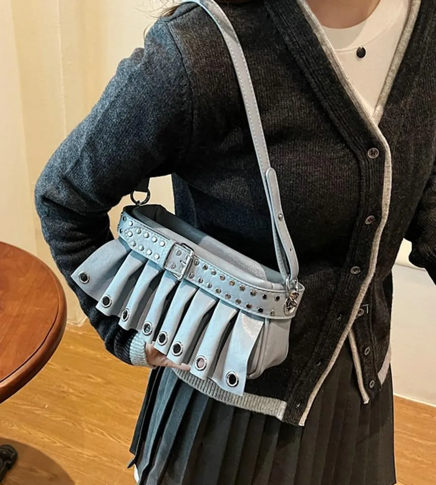 Trendy Studded Shoulder Bags for Women Vegan Leather Small Crossbody Tote Purse Y2K Pleated Handbag Satchels