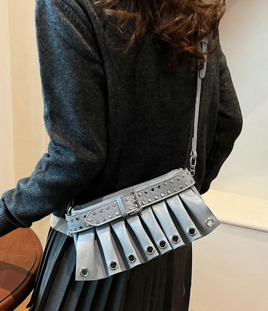 Trendy Studded Shoulder Bags for Women Vegan Leather Small Crossbody Tote Purse Y2K Pleated Handbag Satchels
