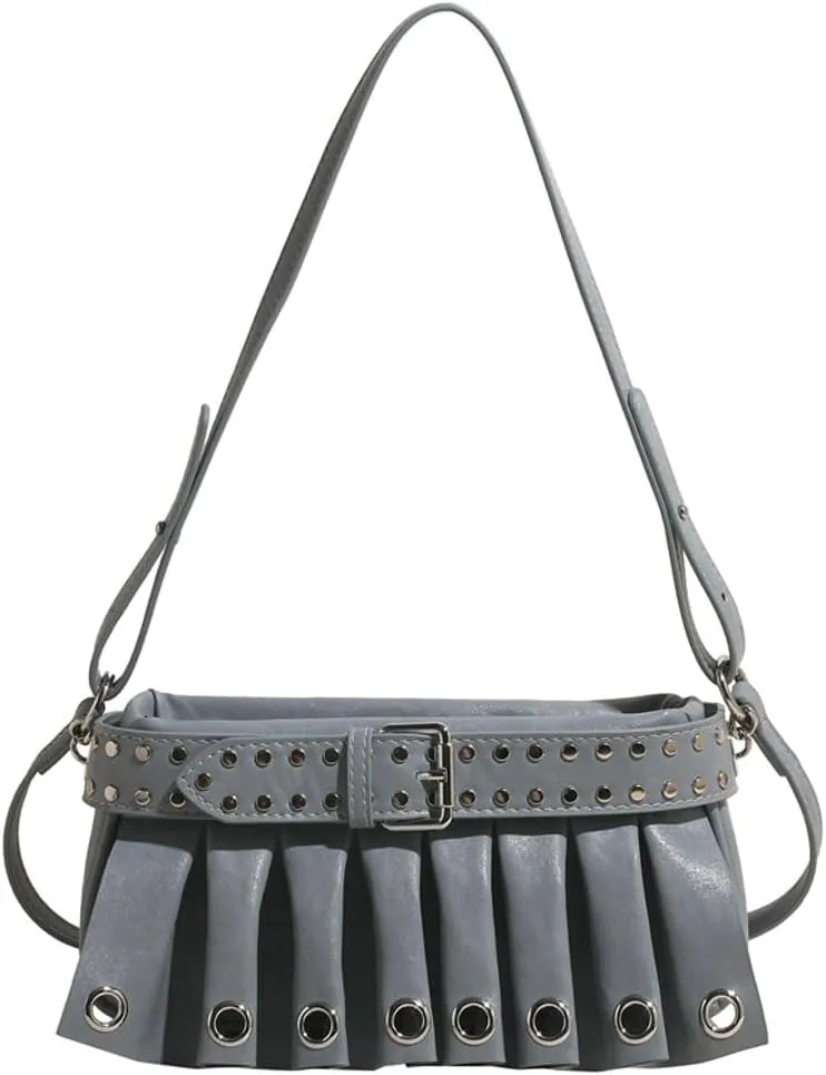 Trendy Studded Shoulder Bags for Women Vegan Leather Small Crossbody Tote Purse Y2K Pleated Handbag Satchels