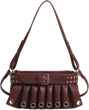 Trendy Studded Shoulder Bags for Women Vegan Leather Small Crossbody Tote Purse Y2K Pleated Handbag Satchels