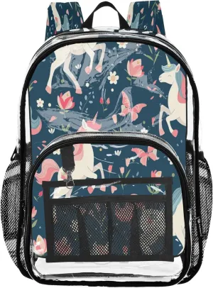 Unicorns Flowers Backpack, Clear Plastic Bag, See through Bag, Transparent Backpack