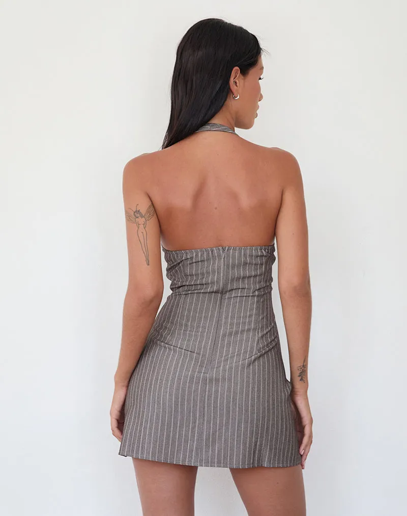 Vellura Halterneck Mini Dress in Taupe Pinstripe