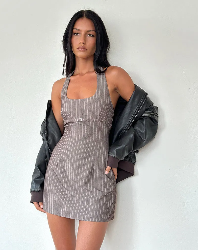 Vellura Halterneck Mini Dress in Taupe Pinstripe