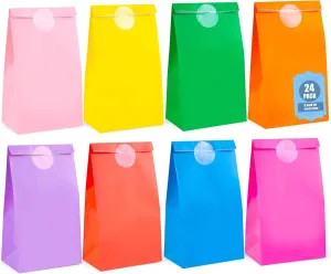 VGOODALL 24PCS Colored Paper Bags, Party Favor Treat Bags with Stickers Goodie 8 Colors for Wedding Birthday Baby Shower 8.7x 4.7x 3
