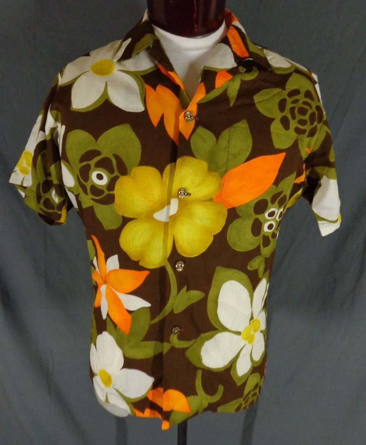Vintage 60s Kay O Kauai Bold Floral Print Hawaiian Shirt 42
