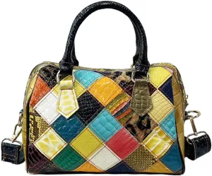 Vintage Leather Shoulder Handbag for Women Multicolored Splicing Boho Purse Cowhide Colorful Crossbody Satchels