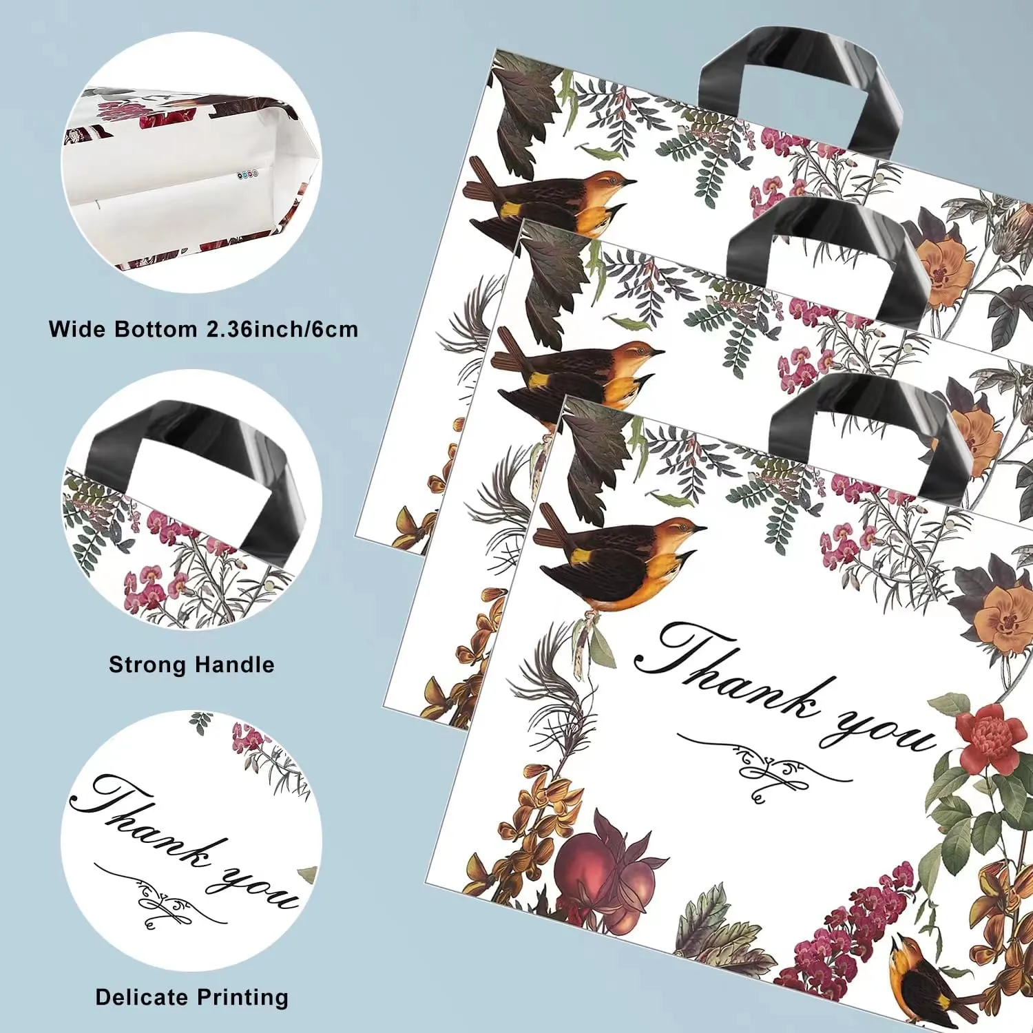 WAKAKO 60 Pack Thank You Bags for Business, Reusable Plastic Shopping Retail Gift Bags with Loop Handle, Boutique Merchandise Use Eco-Friendly Floral (12" W x 10" H)