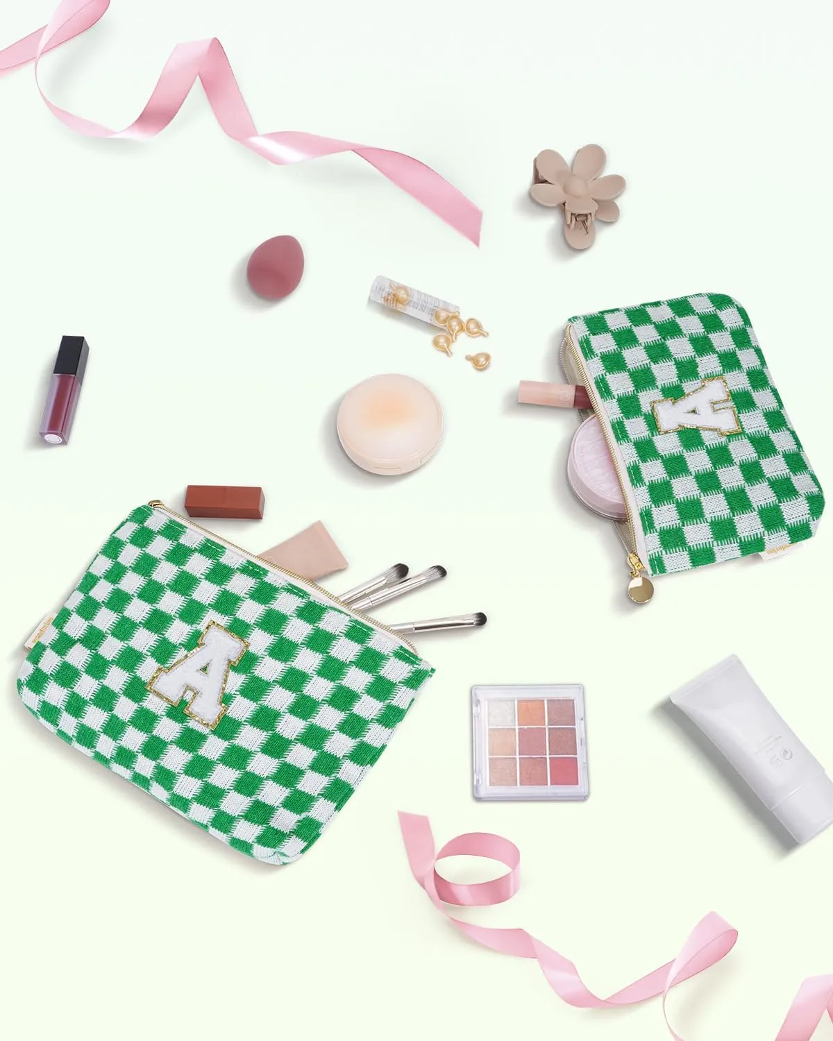 Wandering Nature Initial Makeup Bag Small Cosmetic Bag for Purse 2 Pack Personalized Zippered Pouch Travel Organizer Gifts for Women Mom Daughter