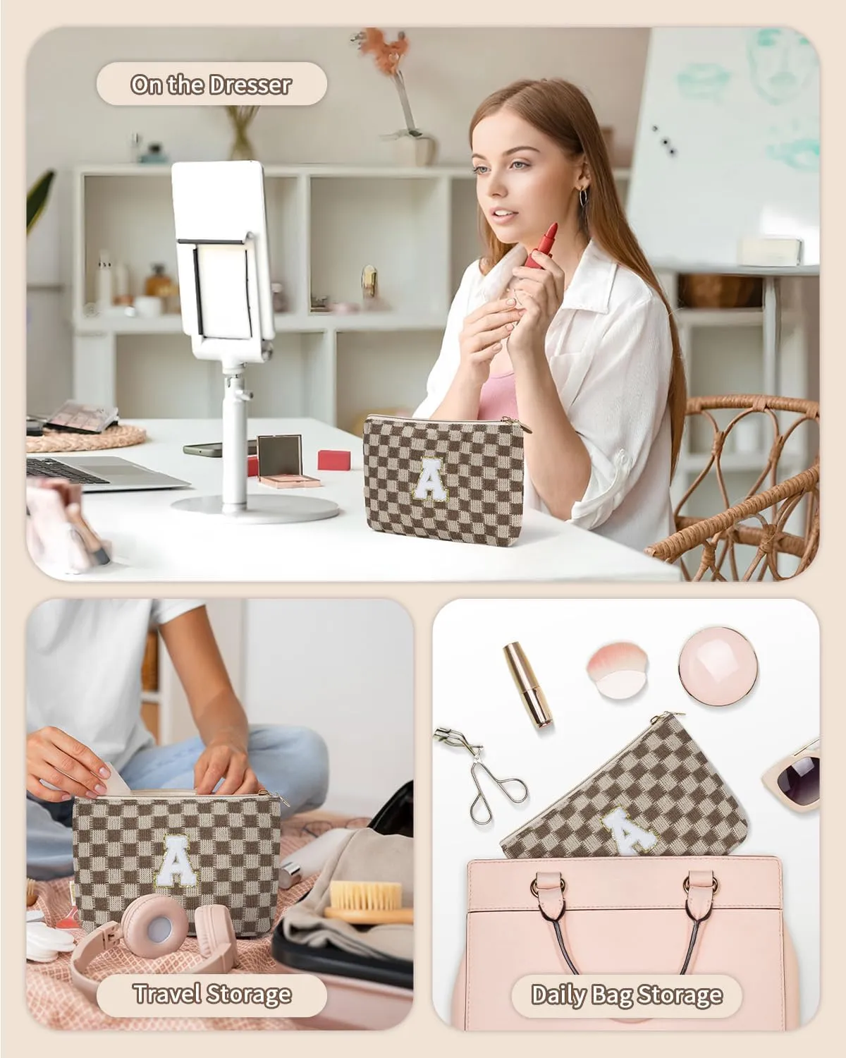 Wandering Nature Initial Makeup Bag Small Cosmetic Bag for Purse 2 Pack Personalized Zippered Pouch Travel Organizer Gifts for Women Mom Daughter