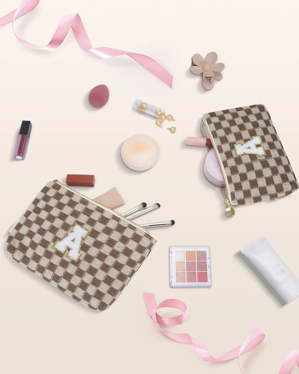 Wandering Nature Initial Makeup Bag Small Cosmetic Bag for Purse 2 Pack Personalized Zippered Pouch Travel Organizer Gifts for Women Mom Daughter