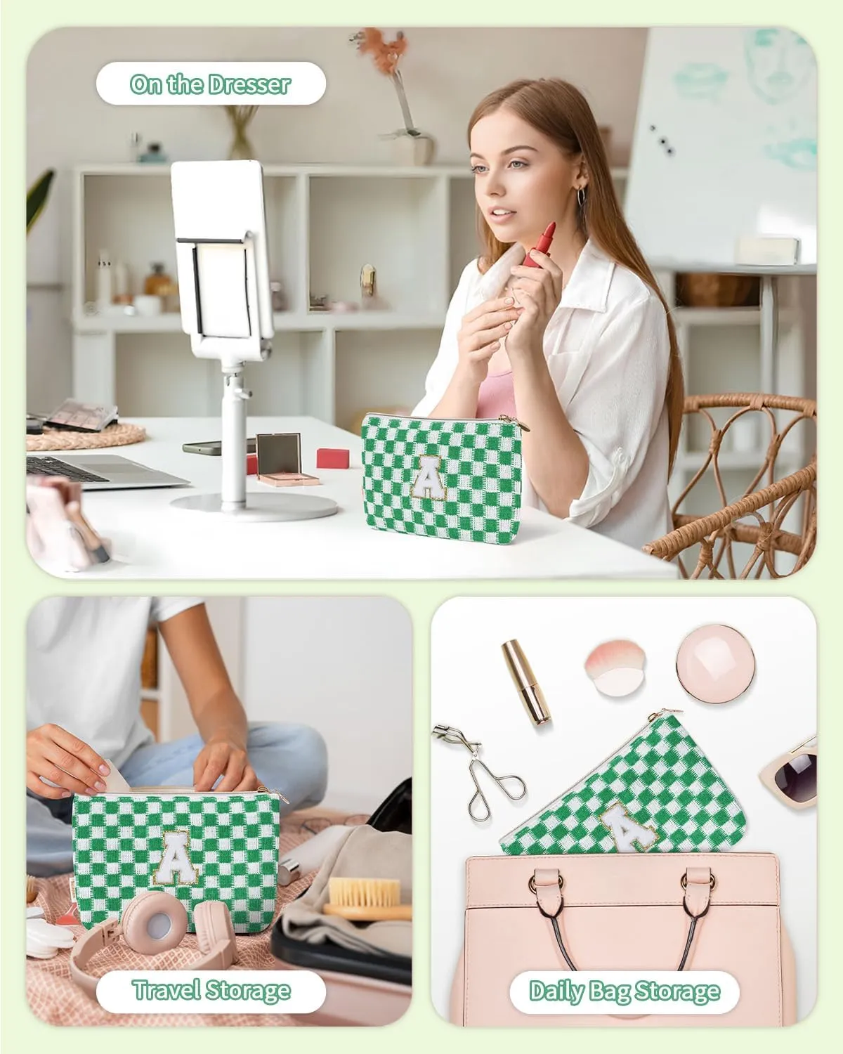 Wandering Nature Initial Makeup Bag Small Cosmetic Bag for Purse 2 Pack Personalized Zippered Pouch Travel Organizer Gifts for Women Mom Daughter