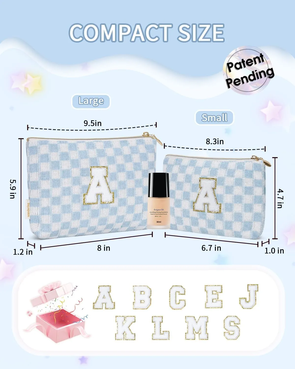 Wandering Nature Personalized Initial Makeup Bag Set  2-Pack Small Cosmetic Pouch for Travel, Toiletry & Purse Organization, Trendy Glitter Chenille Design, Perfect Gift for Women, Moms & Daughters