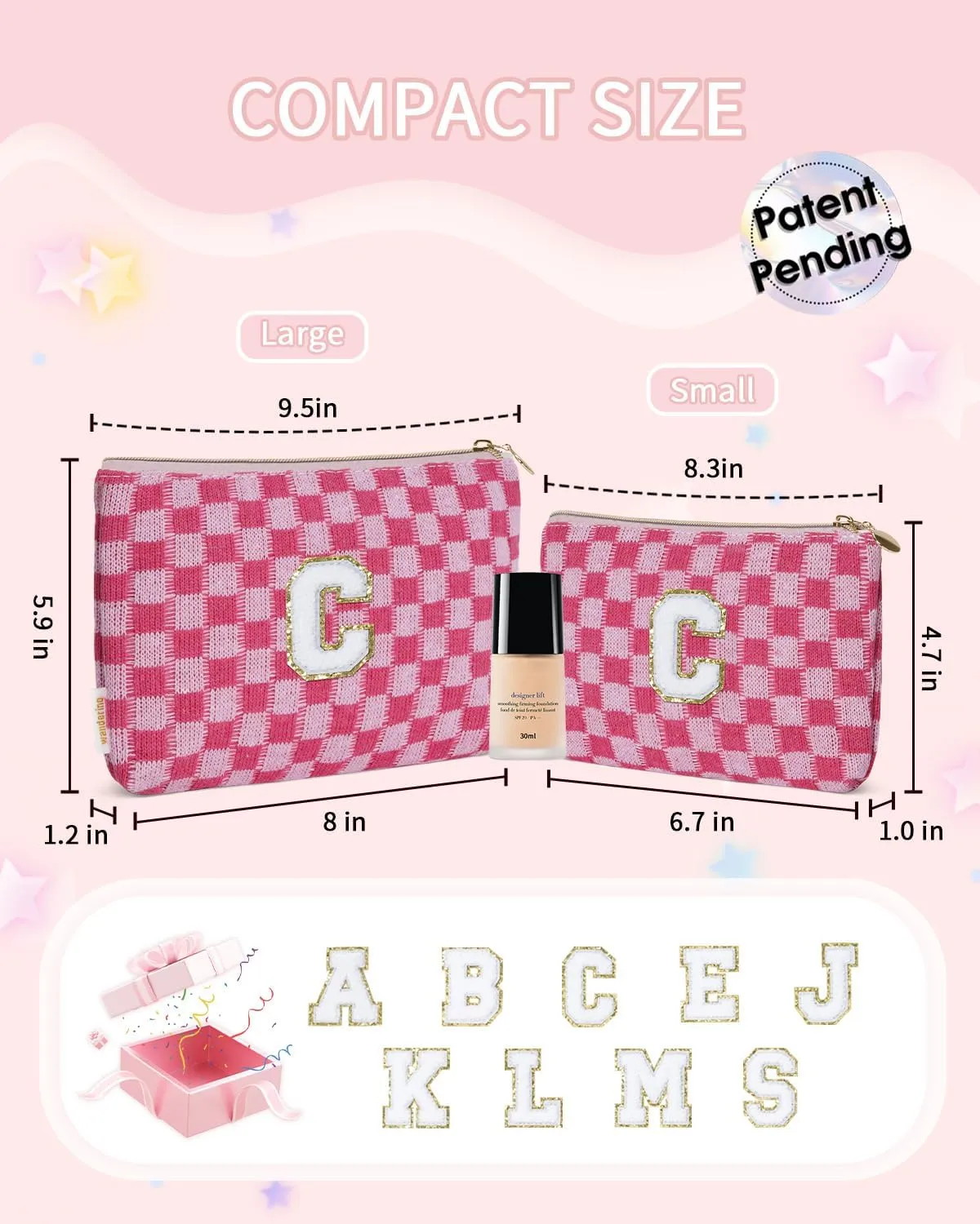 Wandering Nature Personalized Initial Makeup Bag Set  2-Pack Small Cosmetic Pouch for Travel, Toiletry & Purse Organization, Trendy Glitter Chenille Design, Perfect Gift for Women, Moms & Daughters
