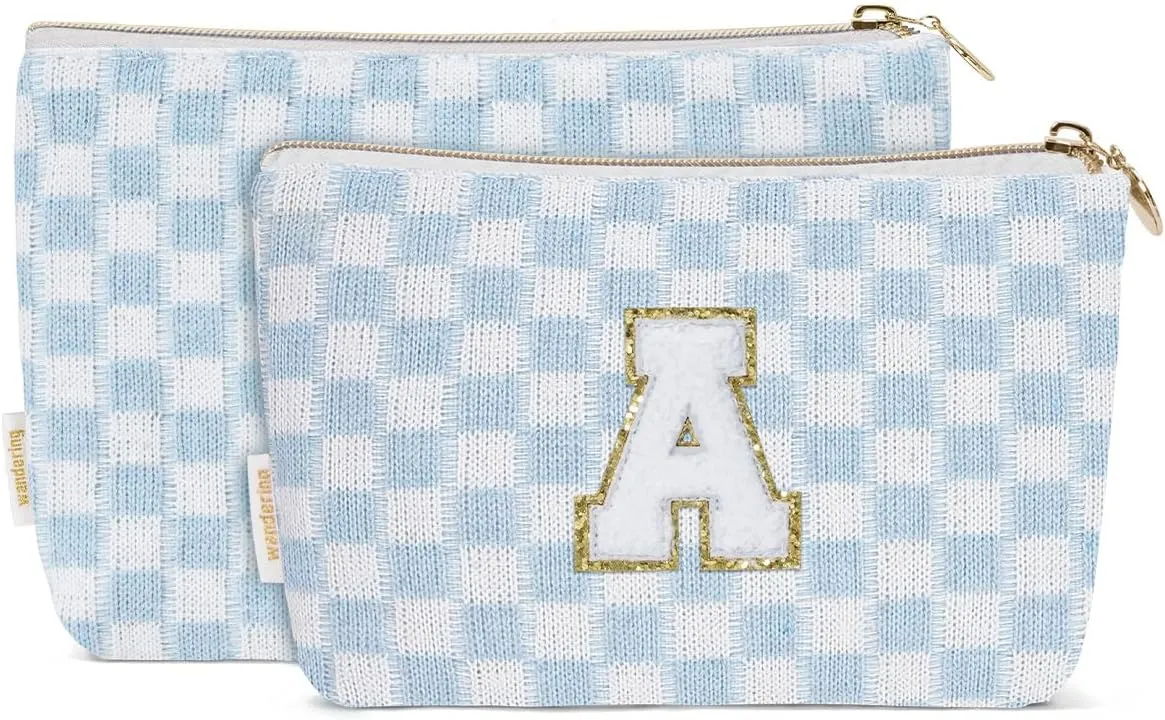 Wandering Nature Personalized Initial Makeup Bag Set  2-Pack Small Cosmetic Pouch for Travel, Toiletry & Purse Organization, Trendy Glitter Chenille Design, Perfect Gift for Women, Moms & Daughters