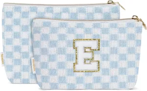 Wandering Nature Personalized Initial Makeup Bag Set  2-Pack Small Cosmetic Pouch for Travel, Toiletry & Purse Organization, Trendy Glitter Chenille Design, Perfect Gift for Women, Moms & Daughters