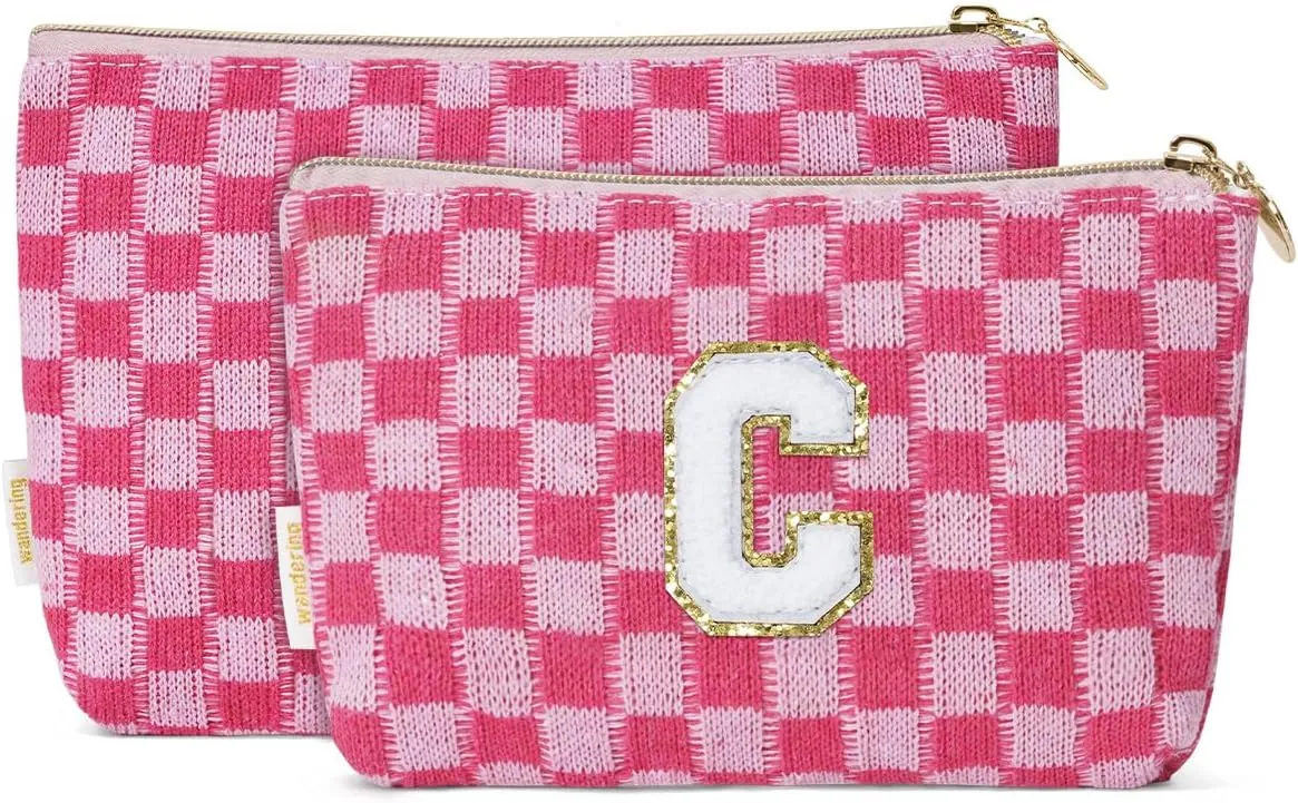 Wandering Nature Personalized Initial Makeup Bag Set  2-Pack Small Cosmetic Pouch for Travel, Toiletry & Purse Organization, Trendy Glitter Chenille Design, Perfect Gift for Women, Moms & Daughters