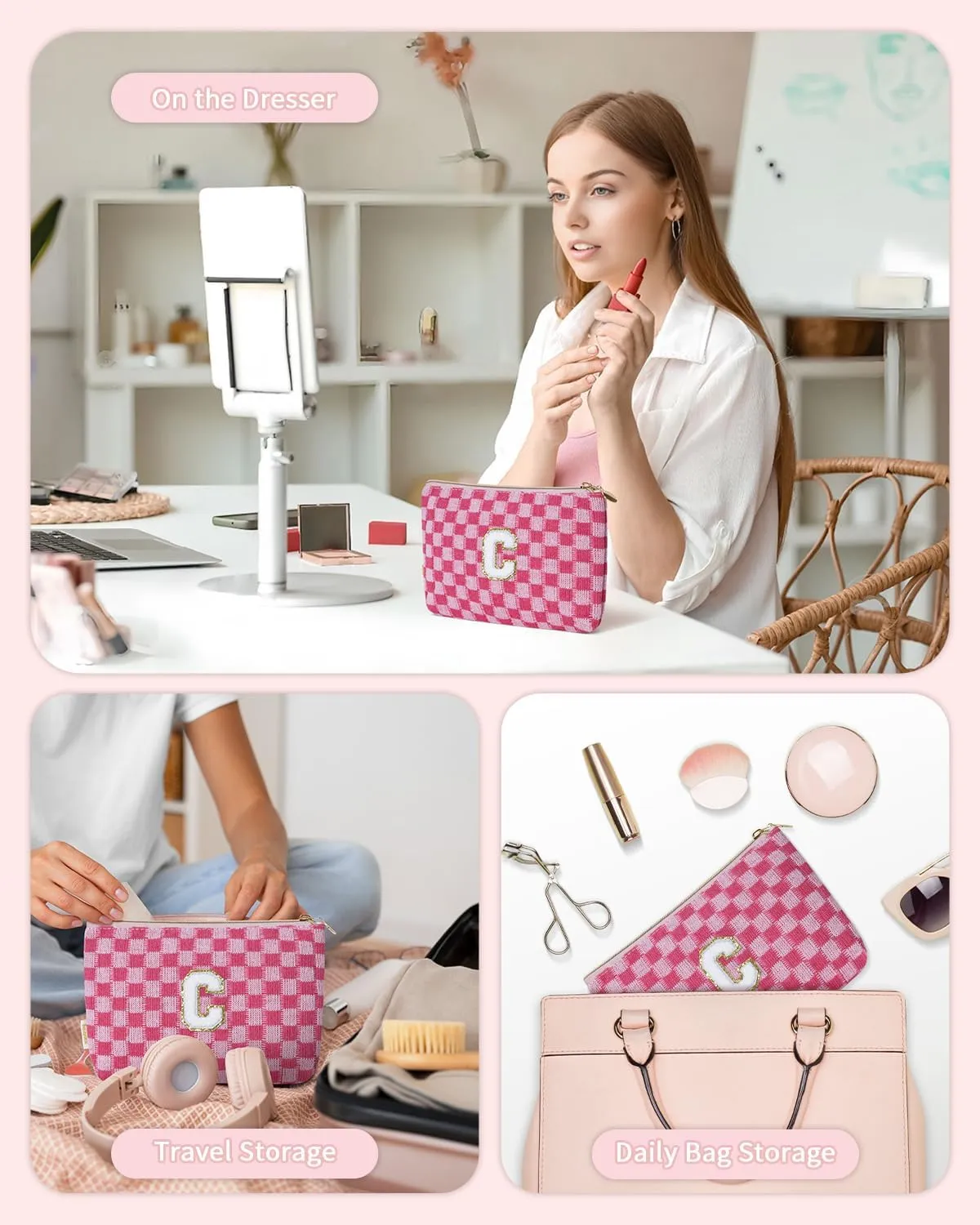 Wandering Nature Personalized Initial Makeup Bag Set  2-Pack Small Cosmetic Pouch for Travel, Toiletry & Purse Organization, Trendy Glitter Chenille Design, Perfect Gift for Women, Moms & Daughters