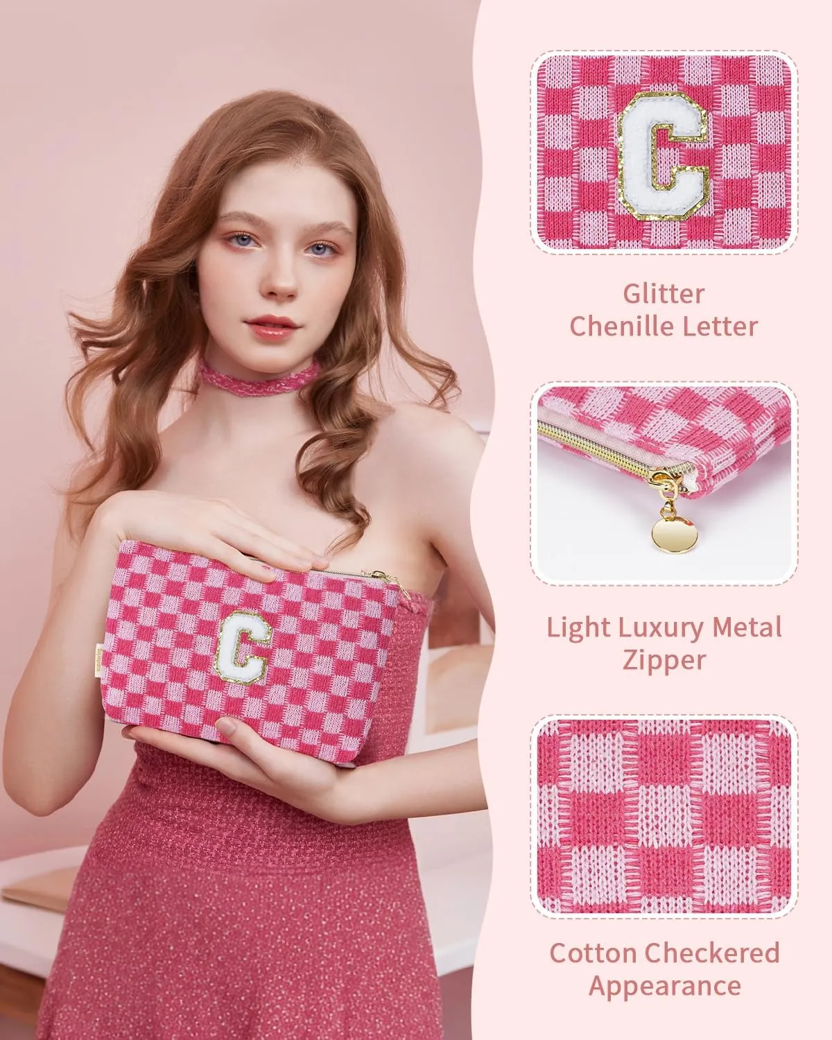 Wandering Nature Personalized Initial Makeup Bag Set  2-Pack Small Cosmetic Pouch for Travel, Toiletry & Purse Organization, Trendy Glitter Chenille Design, Perfect Gift for Women, Moms & Daughters