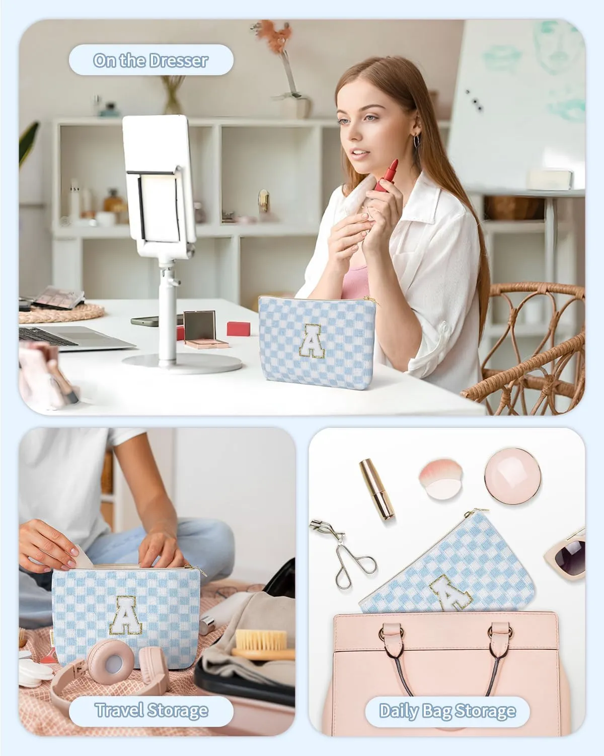 Wandering Nature Personalized Initial Makeup Bag Set  2-Pack Small Cosmetic Pouch for Travel, Toiletry & Purse Organization, Trendy Glitter Chenille Design, Perfect Gift for Women, Moms & Daughters