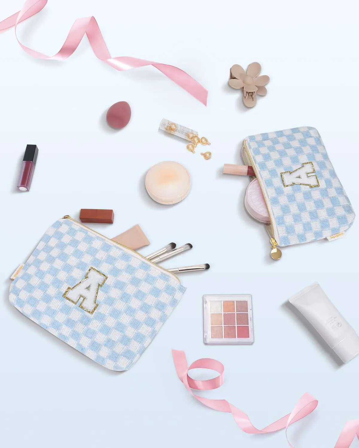 Wandering Nature Personalized Initial Makeup Bag Set  2-Pack Small Cosmetic Pouch for Travel, Toiletry & Purse Organization, Trendy Glitter Chenille Design, Perfect Gift for Women, Moms & Daughters
