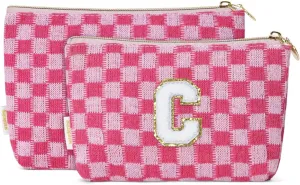 Wandering Nature Personalized Initial Makeup Bag Set  2-Pack Small Cosmetic Pouch for Travel, Toiletry & Purse Organization, Trendy Glitter Chenille Design, Perfect Gift for Women, Moms & Daughters