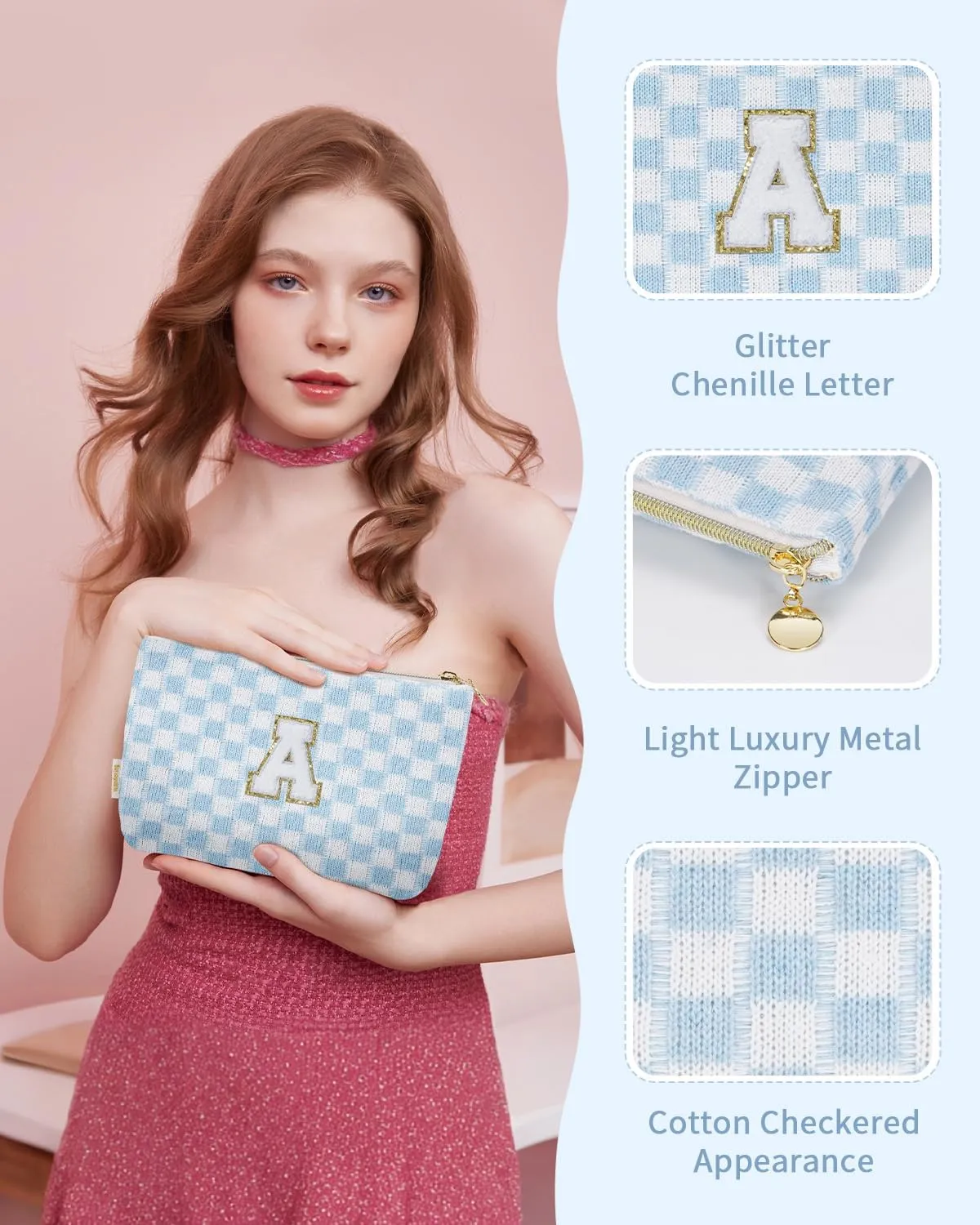 Wandering Nature Personalized Initial Makeup Bag Set  2-Pack Small Cosmetic Pouch for Travel, Toiletry & Purse Organization, Trendy Glitter Chenille Design, Perfect Gift for Women, Moms & Daughters