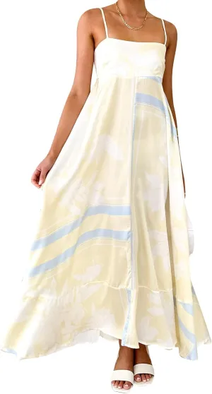 Women Spaghetti Strap Floral Sundress Smocked Backless Flowy Maxi Dress Sleeveless Boho Beach Long Dresses