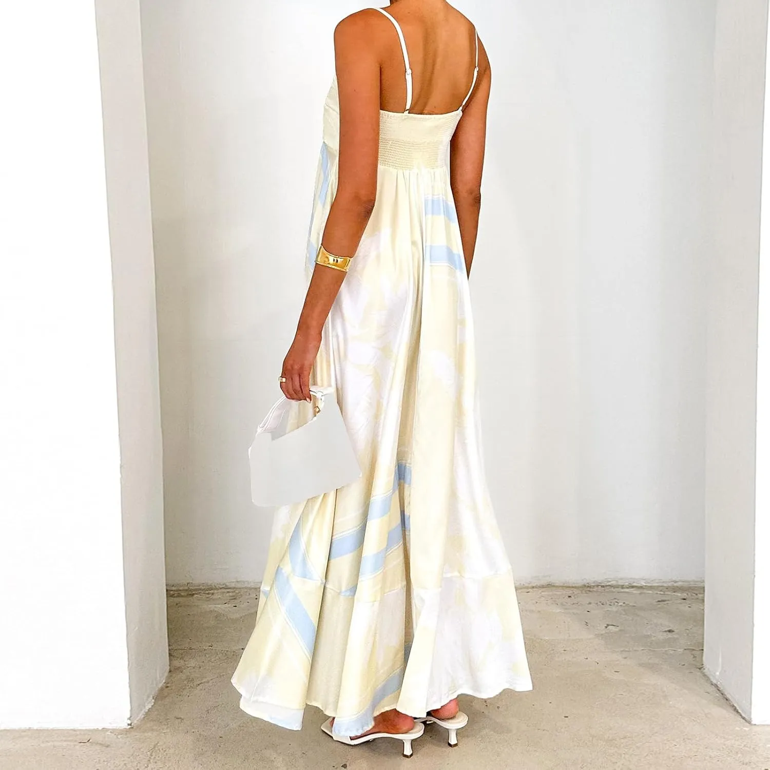 Women Spaghetti Strap Floral Sundress Smocked Backless Flowy Maxi Dress Sleeveless Boho Beach Long Dresses