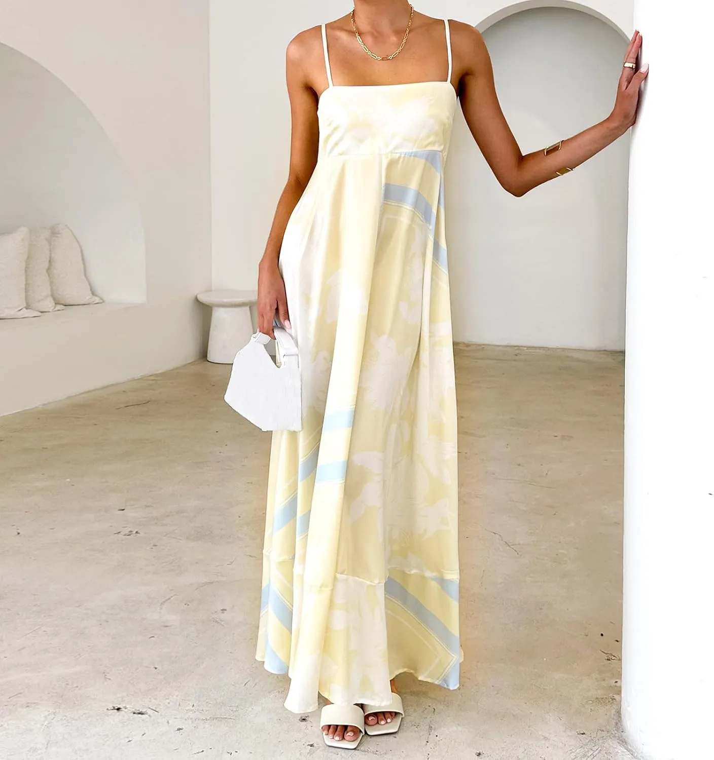 Women Spaghetti Strap Floral Sundress Smocked Backless Flowy Maxi Dress Sleeveless Boho Beach Long Dresses