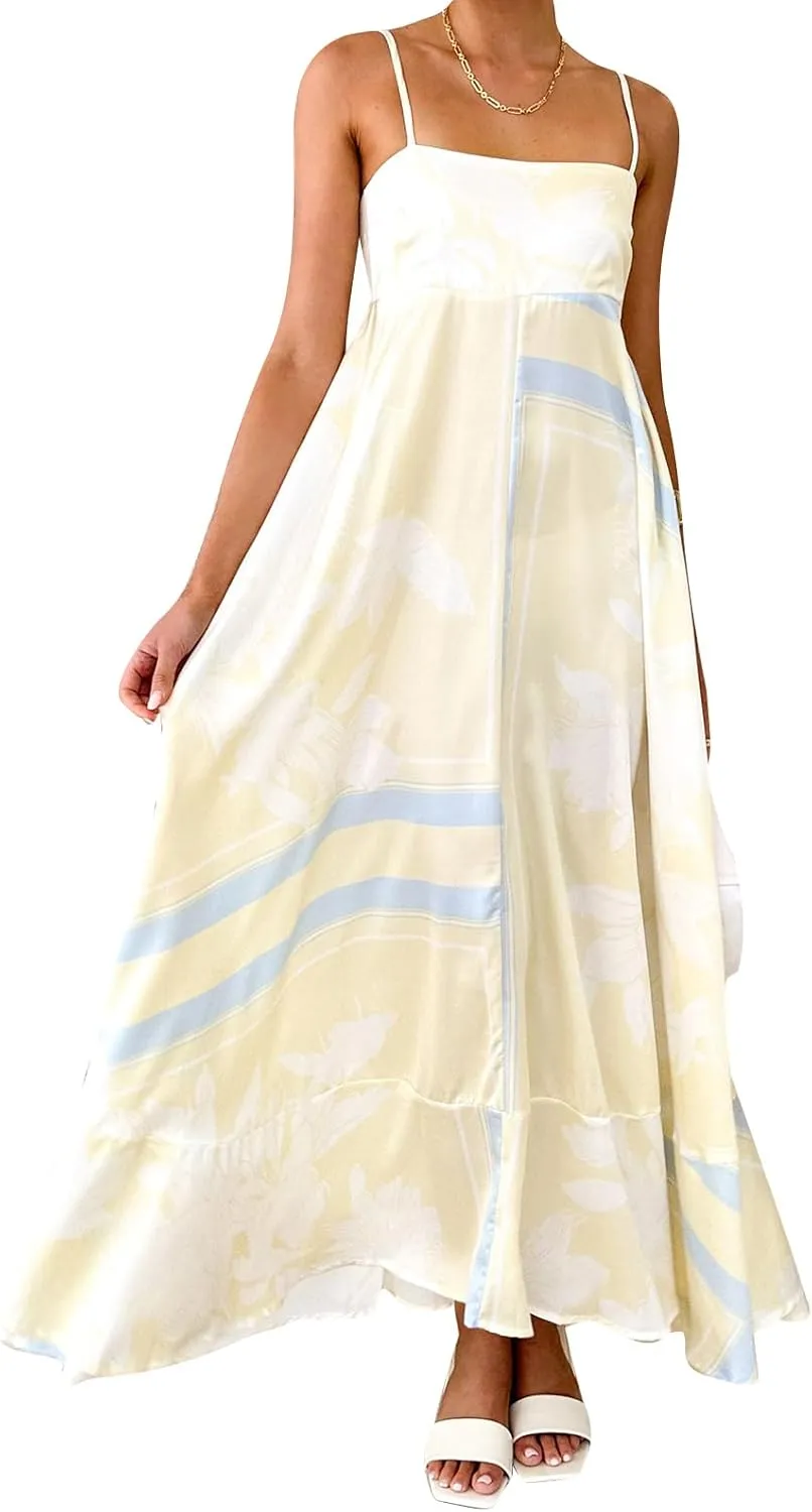 Women Spaghetti Strap Floral Sundress Smocked Backless Flowy Maxi Dress Sleeveless Boho Beach Long Dresses
