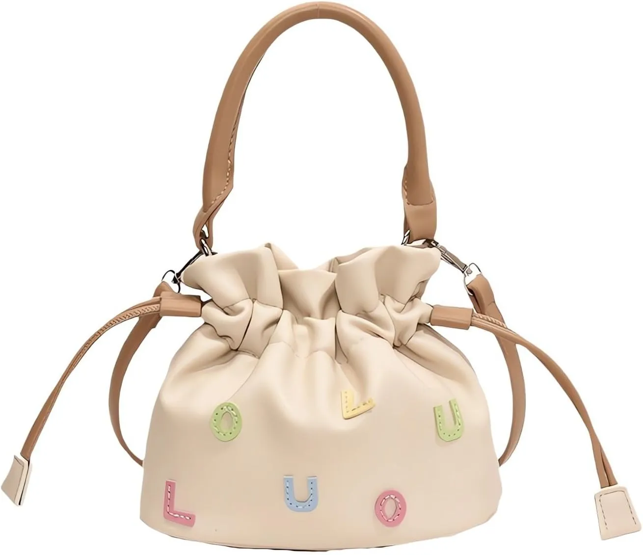 Women's Alphabet Drawstring Handbags and Crossbody Bags,Female Purses Leisure Wrinkled Bucket Bags Tote Bags Satchel Bags Khaki