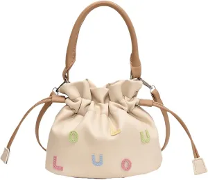 Women's Alphabet Drawstring Handbags and Crossbody Bags,Female Purses Leisure Wrinkled Bucket Bags Tote Bags Satchel Bags Khaki