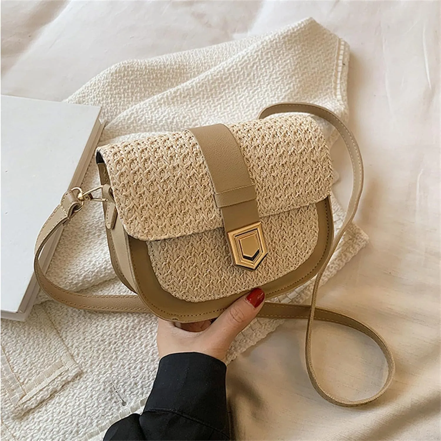 Women's Bag Simple Small Fresh Single Shoulder Crossbody Bag Saddle Vintage Canvas (Khaki, One Size)