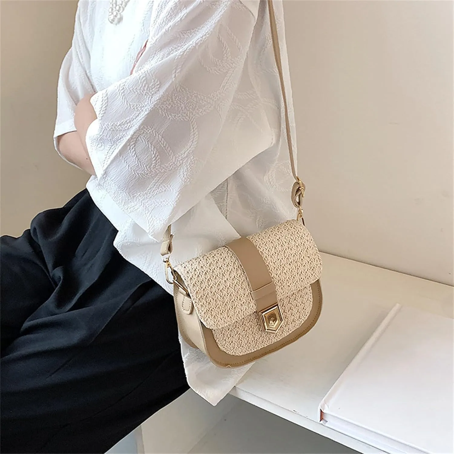 Women's Bag Simple Small Fresh Single Shoulder Crossbody Bag Saddle Vintage Canvas (Khaki, One Size)