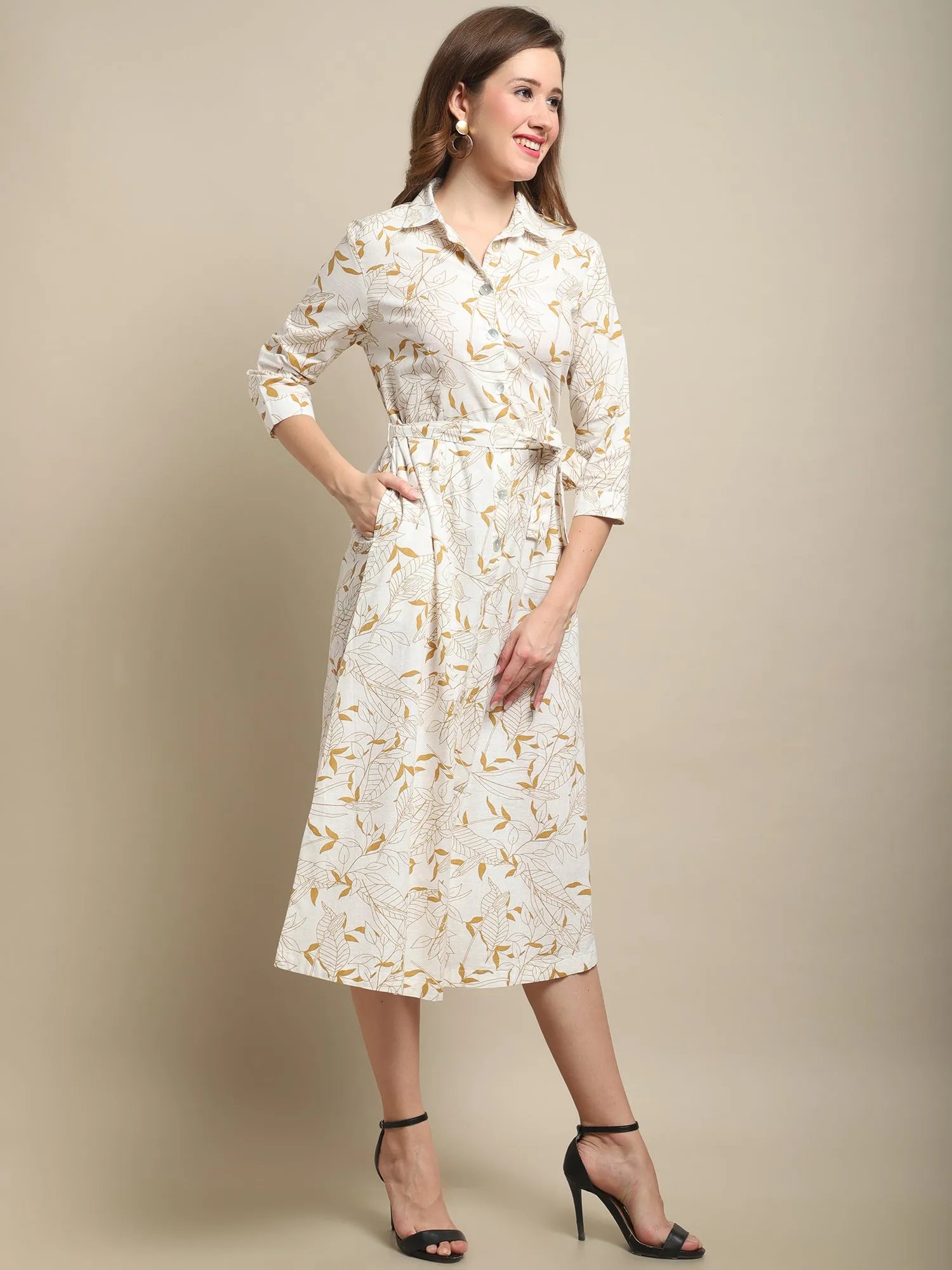 Women's Casual Shirt collar Ivory Floral Print Shirt Dress