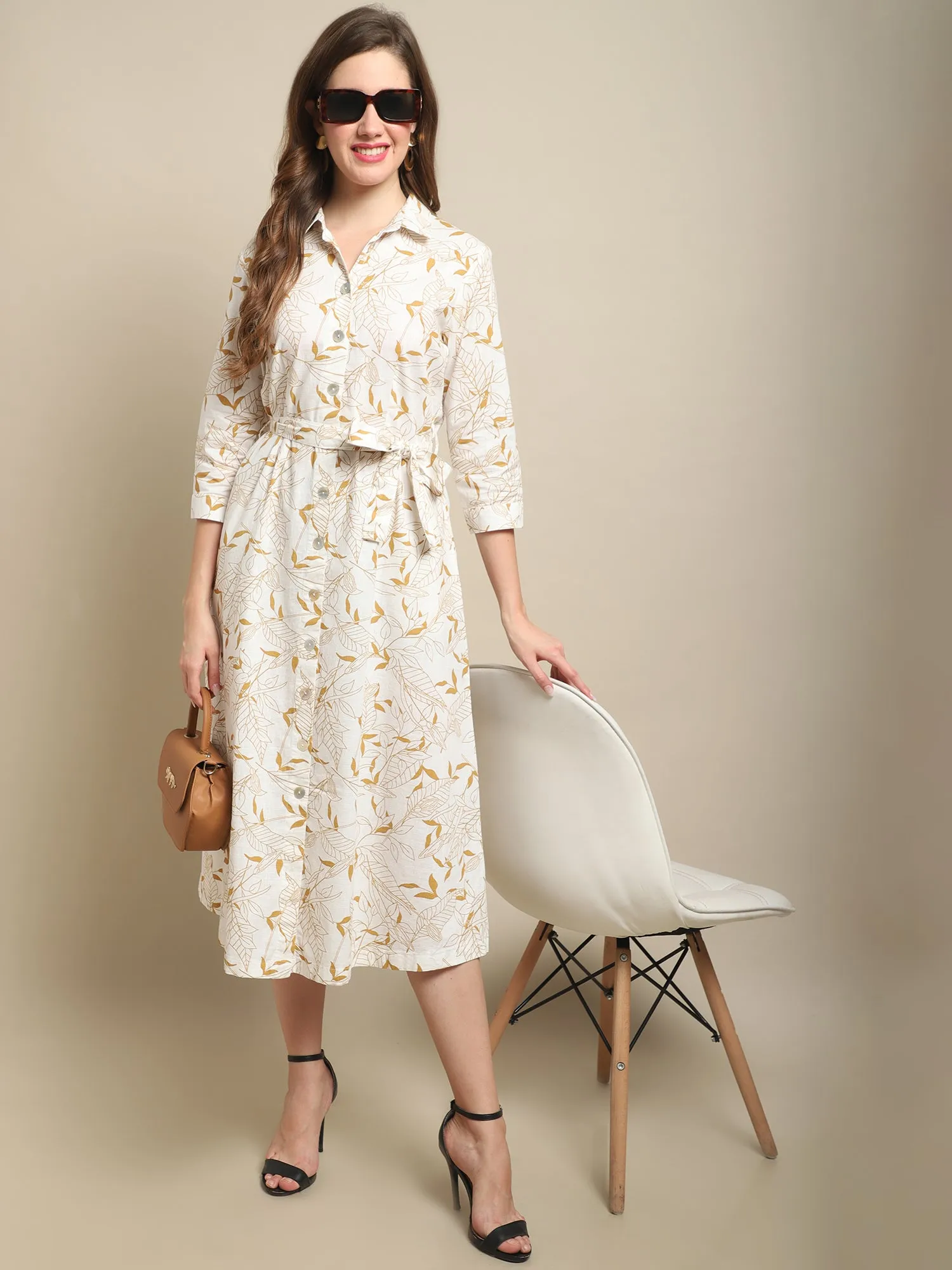 Women's Casual Shirt collar Ivory Floral Print Shirt Dress