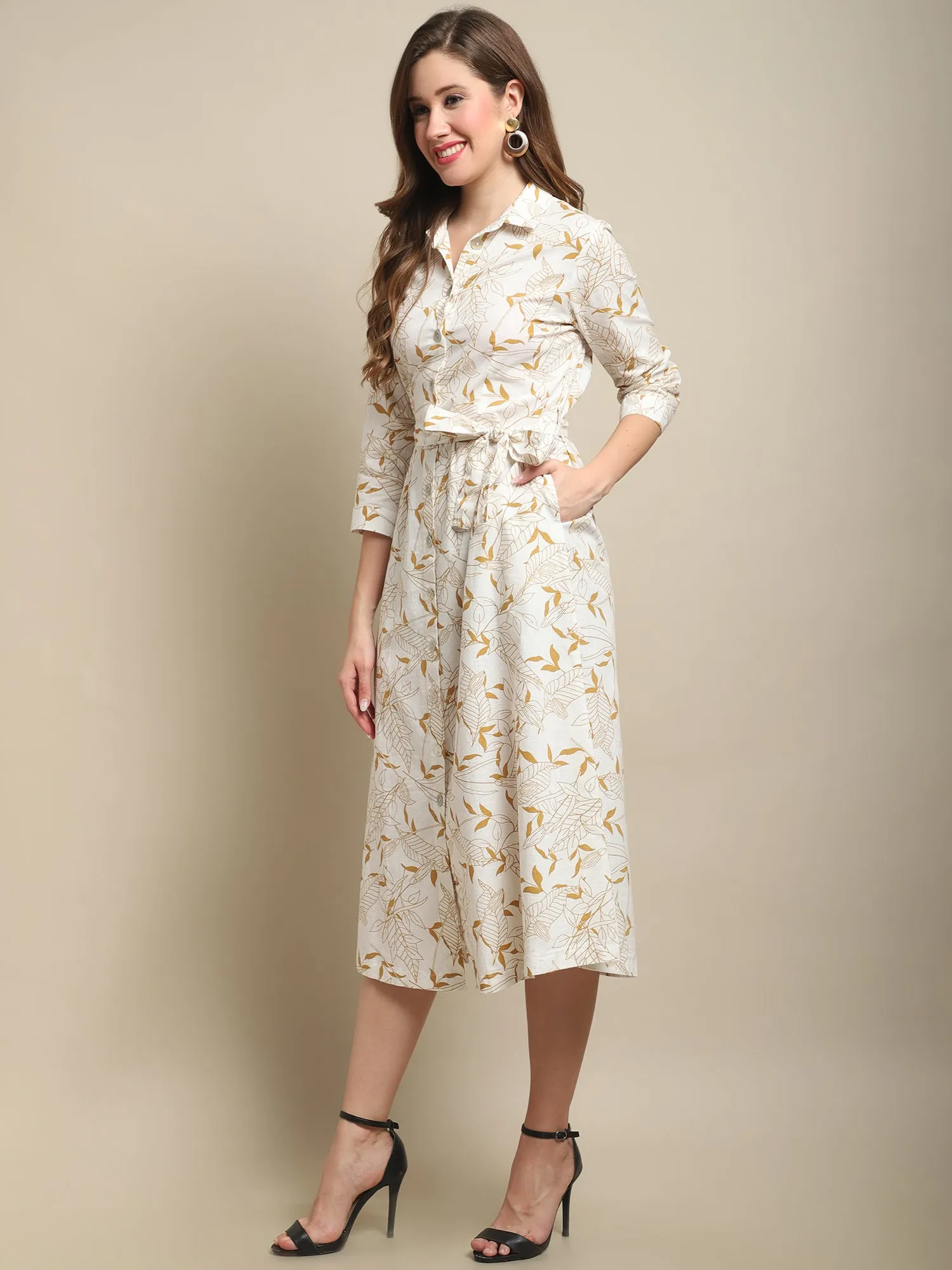 Women's Casual Shirt collar Ivory Floral Print Shirt Dress