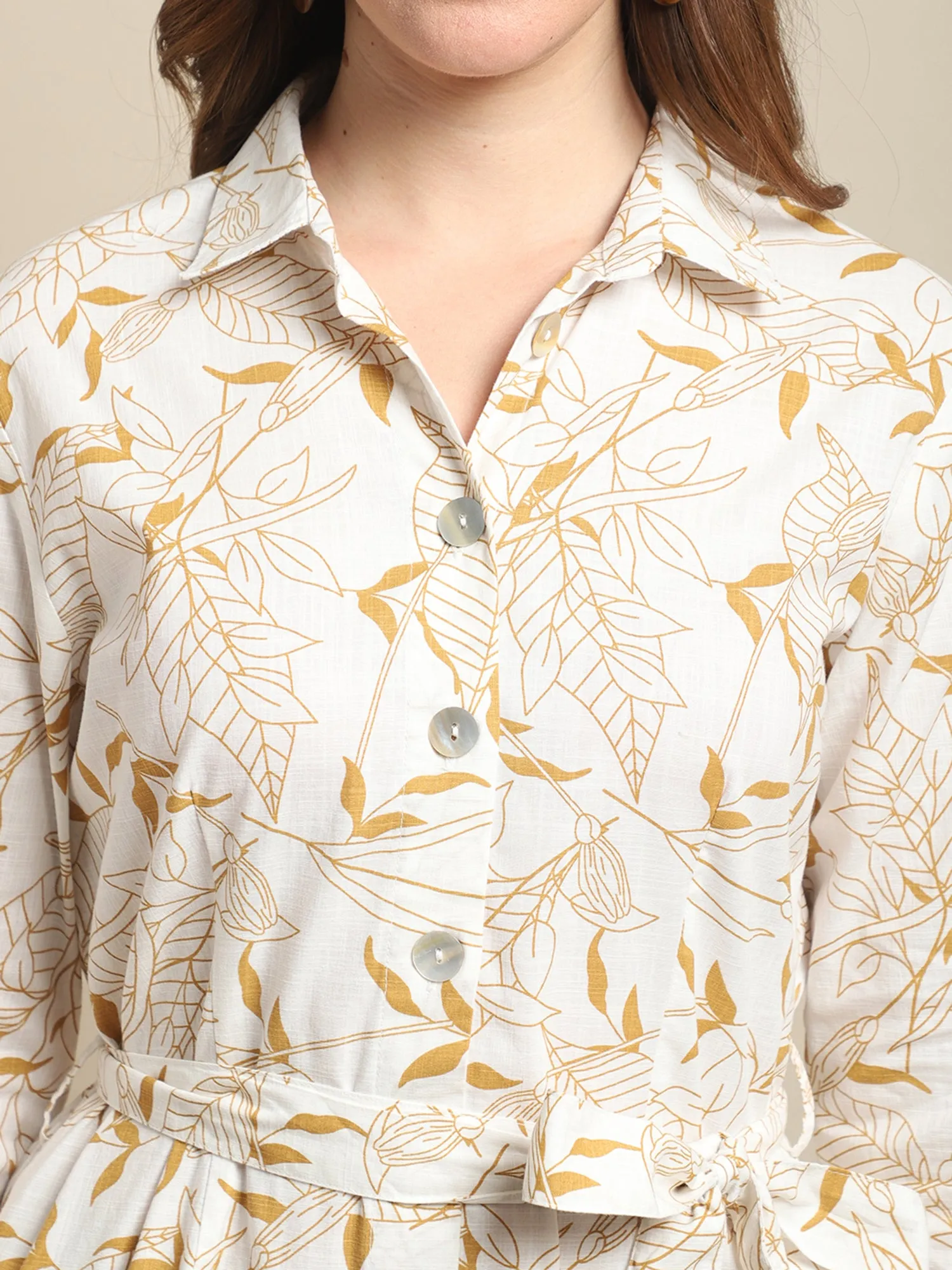 Women's Casual Shirt collar Ivory Floral Print Shirt Dress