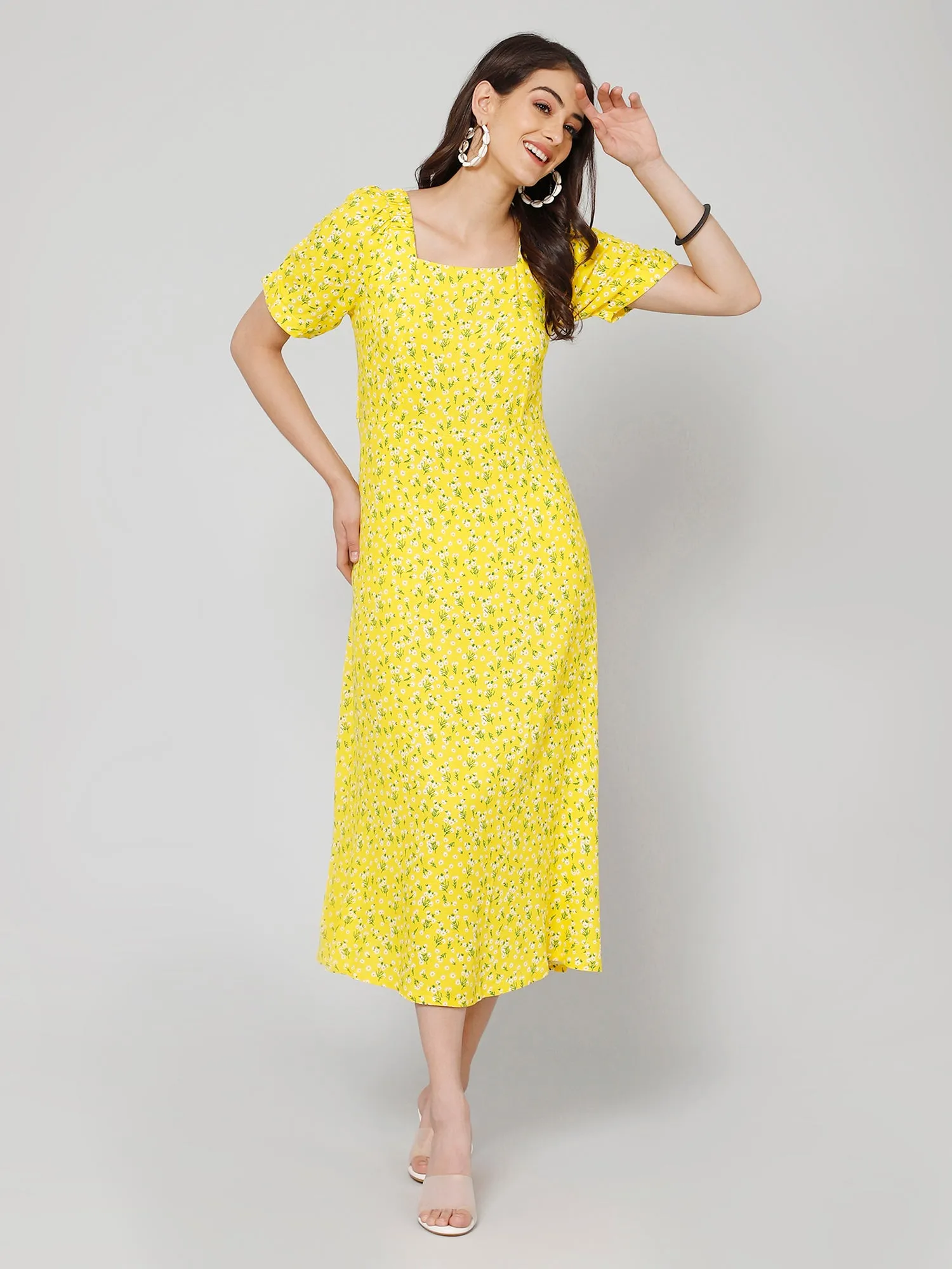 Women's Casual Square neck Yellow Ditsy Floral Print A line Dress