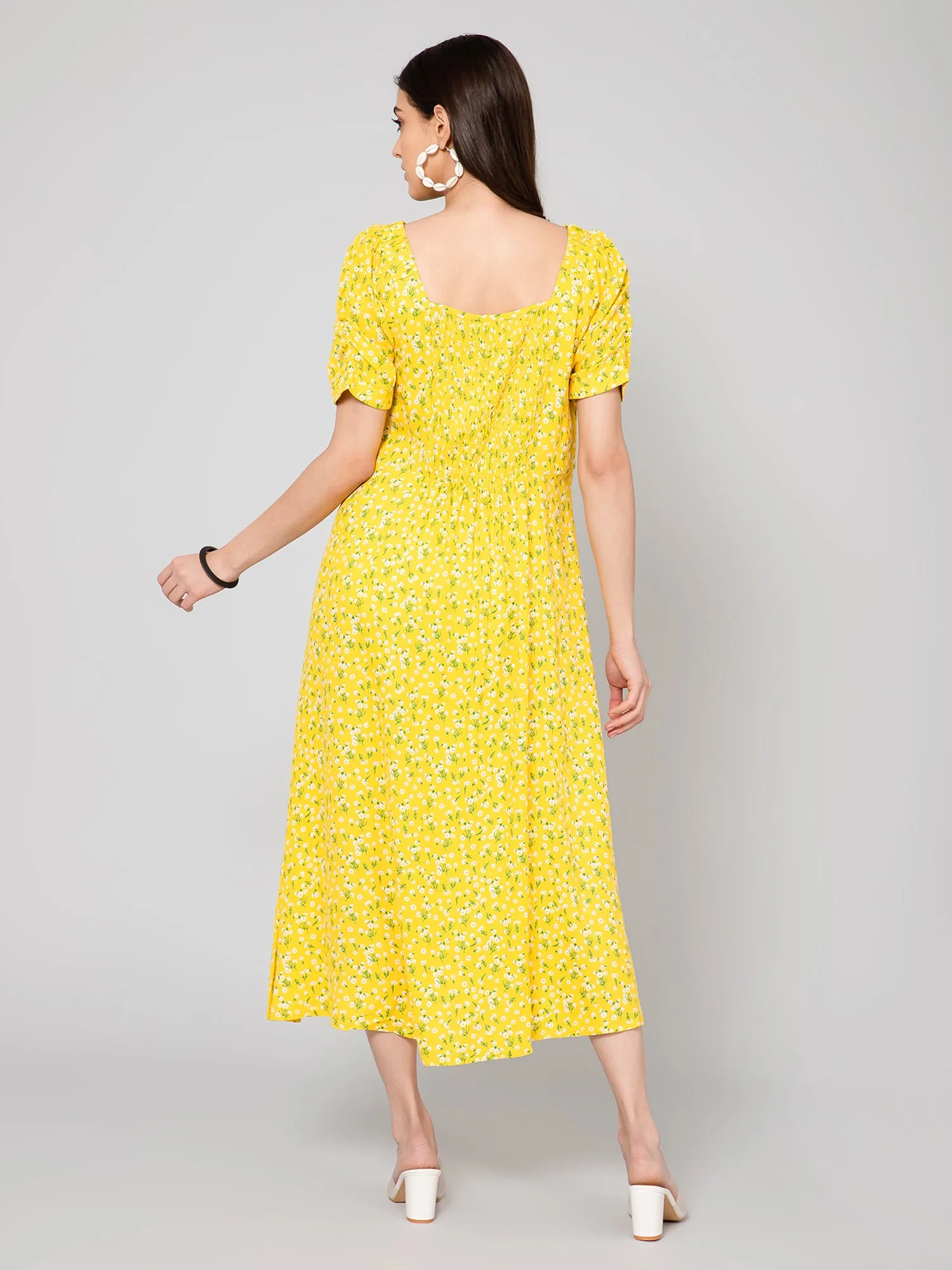 Women's Casual Square neck Yellow Ditsy Floral Print A line Dress