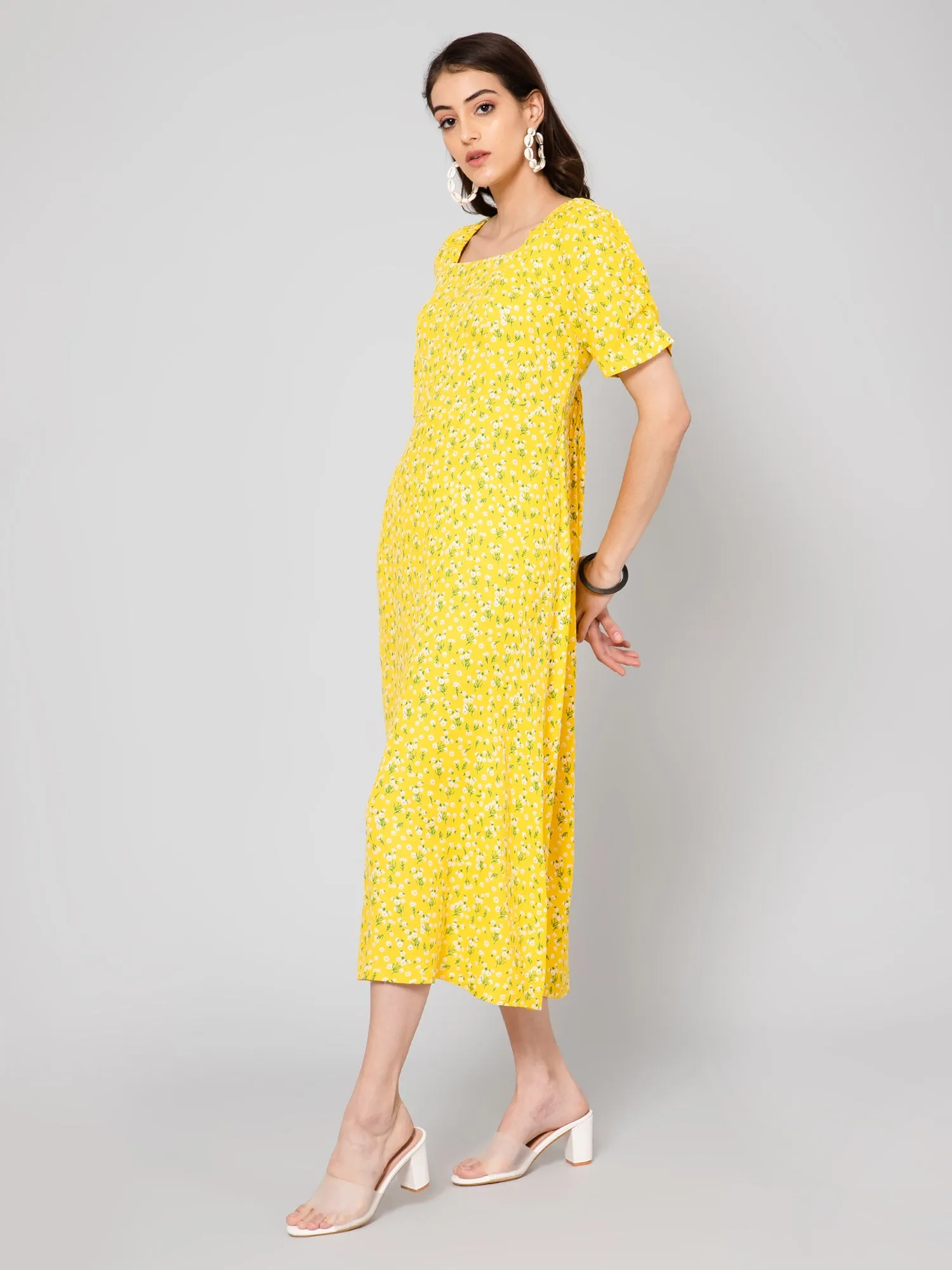 Women's Casual Square neck Yellow Ditsy Floral Print A line Dress