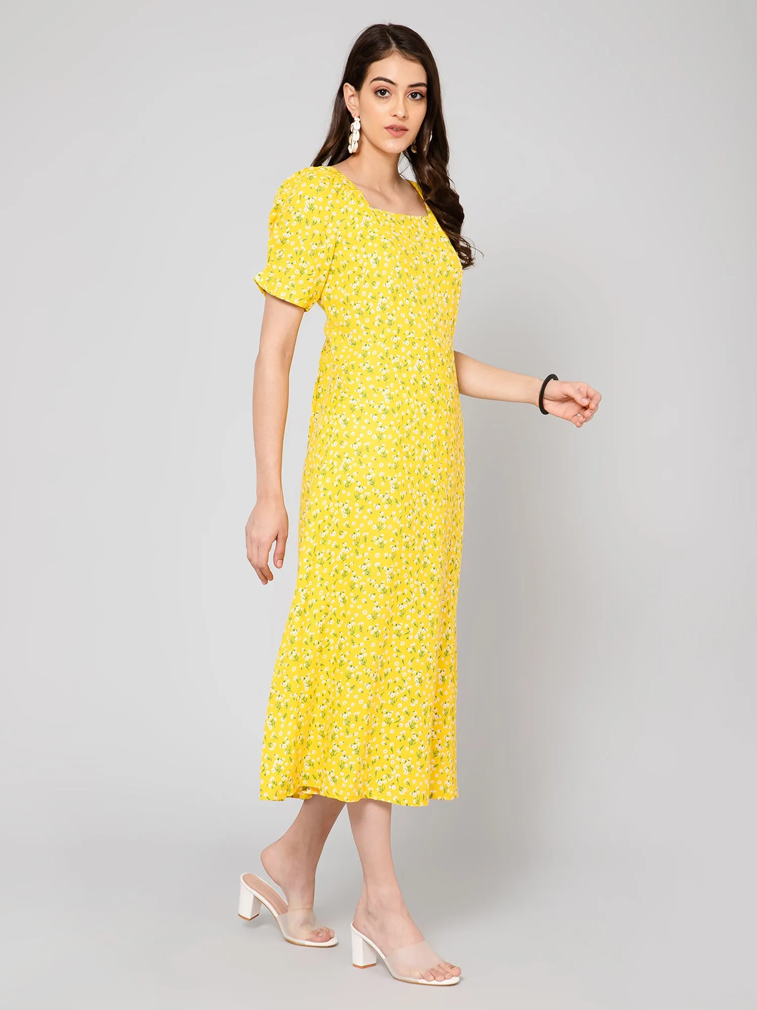 Women's Casual Square neck Yellow Ditsy Floral Print A line Dress
