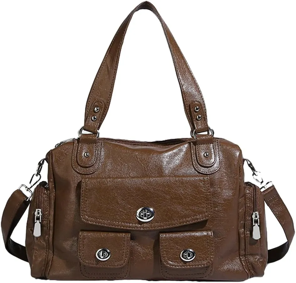 Womens Multi Pocket Shoulder Bag Large Y2k Rivet Tote Crossbody Purse Top Handle Satchels Vegan Leather Handbags