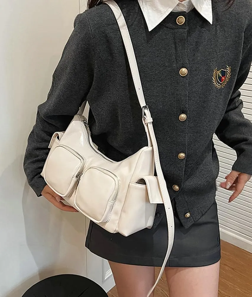 Women's Multi Pocket Shoulder Bag Y2k Vegan Leather Handbags Trendy Crossbody Purse Small Tote Satchels