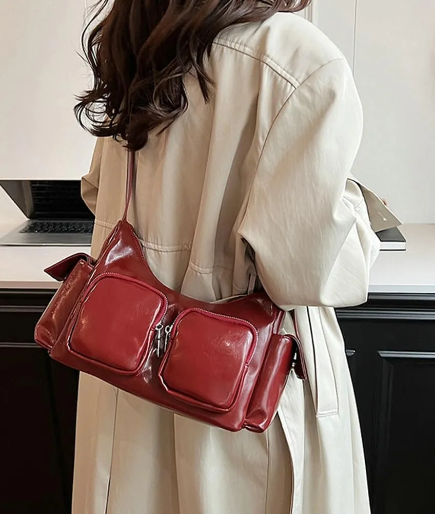 Women's Multi Pocket Shoulder Bag Y2k Vegan Leather Handbags Trendy Crossbody Purse Small Tote Satchels