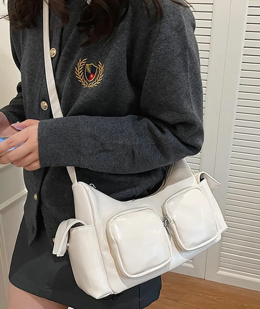 Women's Multi Pocket Shoulder Bag Y2k Vegan Leather Handbags Trendy Crossbody Purse Small Tote Satchels