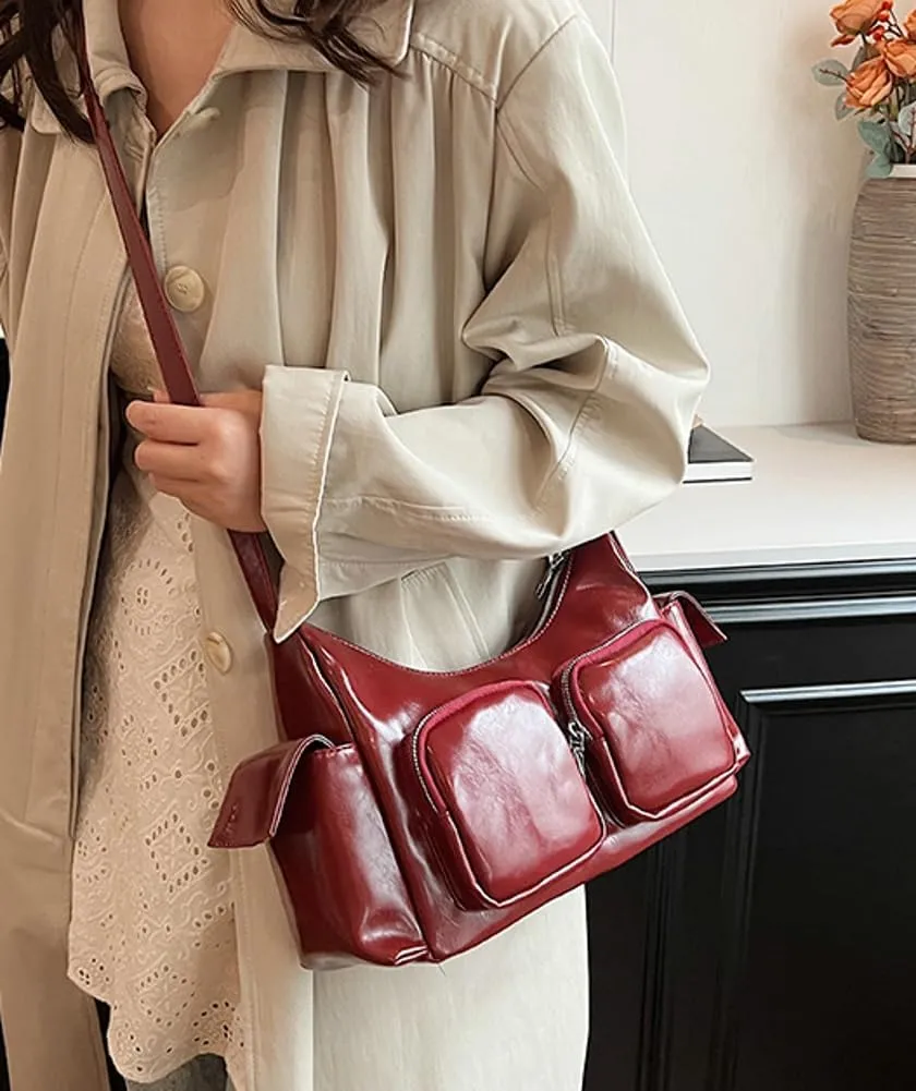 Women's Multi Pocket Shoulder Bag Y2k Vegan Leather Handbags Trendy Crossbody Purse Small Tote Satchels