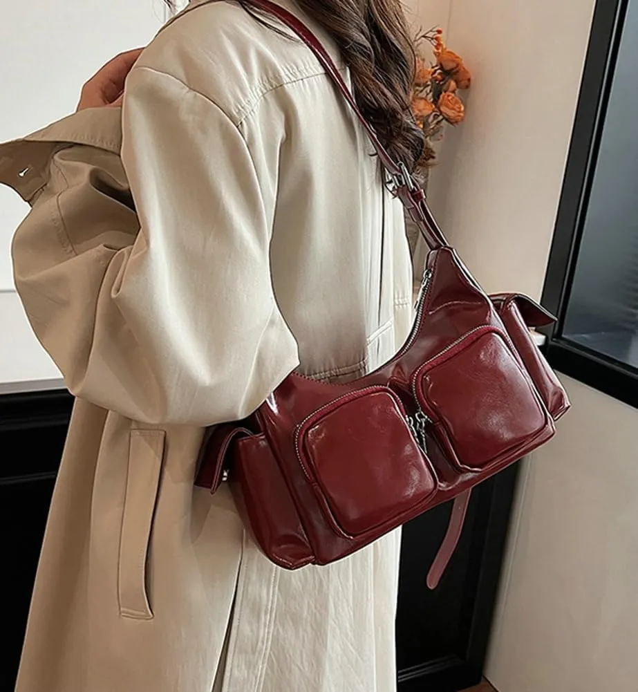 Women's Multi Pocket Shoulder Bag Y2k Vegan Leather Handbags Trendy Crossbody Purse Small Tote Satchels